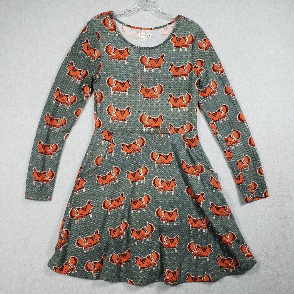 L.A. Soul Women S Teal Orange Fox Print‎ Skater Dress Long Sleeve Pockets EUC